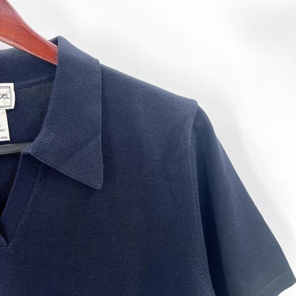 Henri Bendel Italy Navy Blue Cotton Short Sleeve Collar Sweater - Picture 2 of 4